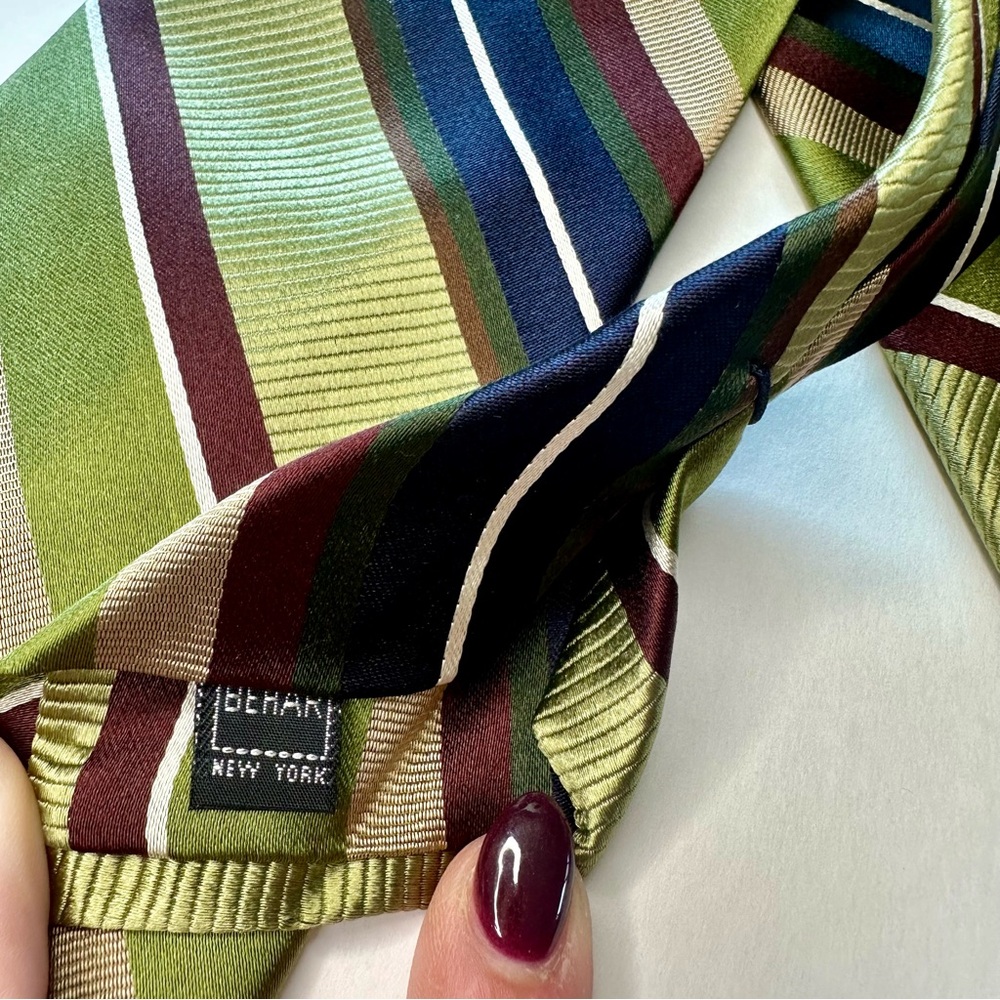 🥂SOLD🥂Untipped Ike Behar New York Wide Green Striped Silk Tie - Picture 4 of 7